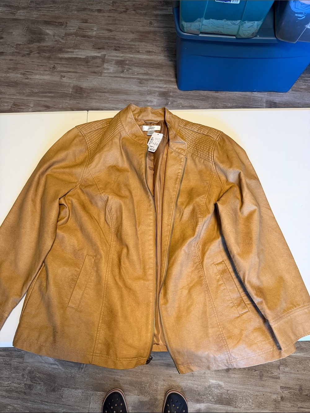 CJ Banks Women's Camel Faux Leather Zip Front Jacket